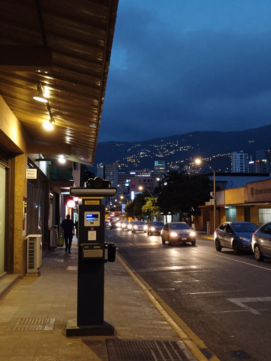 Evening Street Scene in Medellin Colombia with Valet Stand and City Lights in in Medellin, Colombia