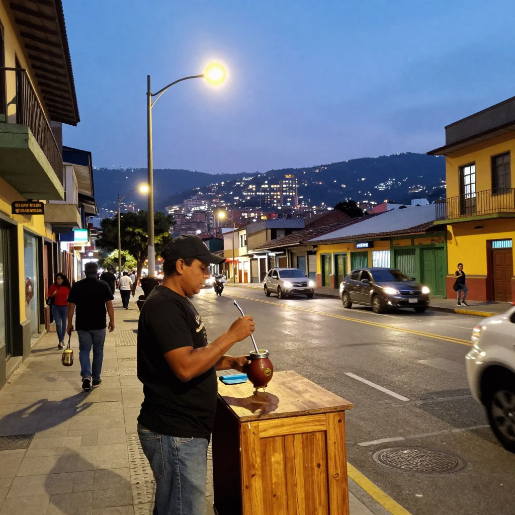 Evening Street Scene in Medellin Colombia with Yerba Mate and Urban Activity in in Medellin, Colombia