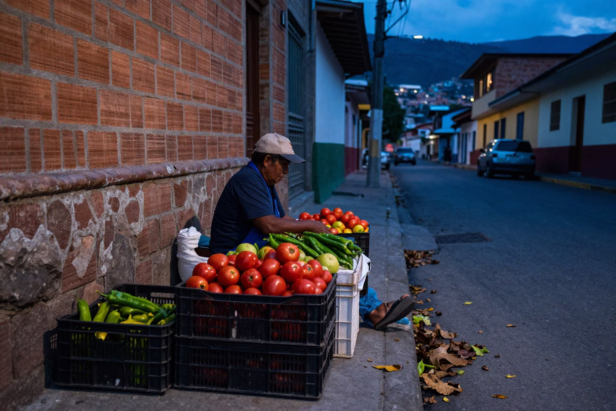 Evening street scene in Medellin with fruit crates and leaf shadows in in Medellin, Colombia