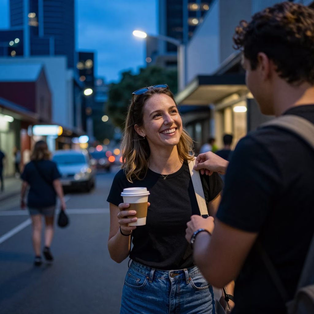 Evening Street Scene in Melbourne Victoria Australia with Coffee Cup and Urban Life in in Melbourne, Victoria, Australia