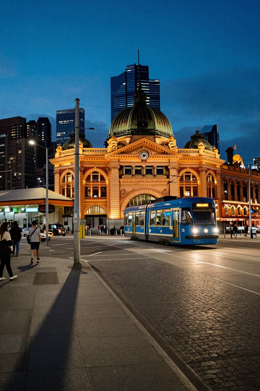 Evening Street Scene in Melbourne Victoria Australia with Tram and City Lights in in Melbourne, Victoria, Australia