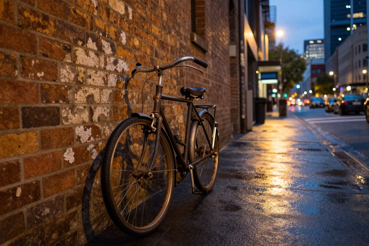 Evening Street Scene in Melbourne with Vintage Bicycle and City Lights Glow in in Melbourne, Victoria, Australia