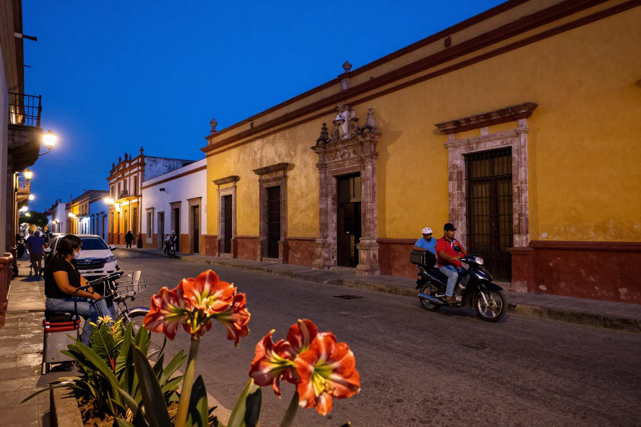 Evening Street Scene in Merida Mexico with Amaryllis and Local Life in in Merida, Mexico