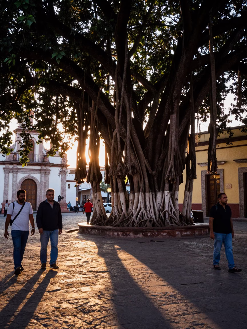 Evening Street Scene in Merida Mexico with Banyan Grove Roots and Local Life in in Merida, Mexico