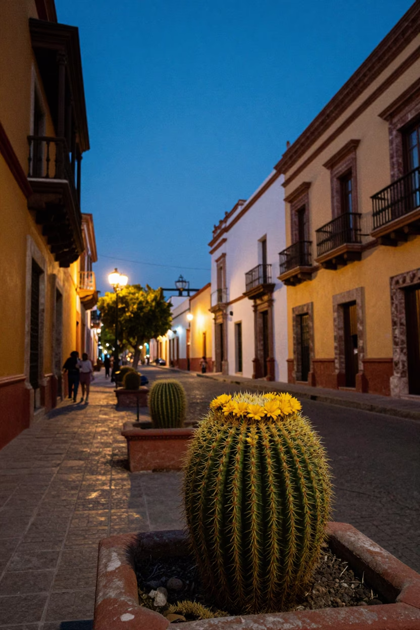 Evening Street Scene in Merida Mexico with Barrel Cactus and City Lights in in Merida, Mexico