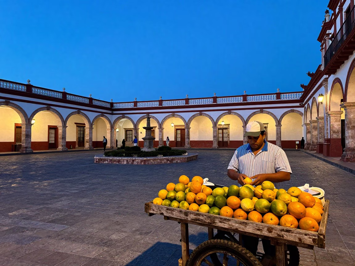 Evening street scene in Merida Mexico with colonial architecture and local vendors in in Merida, Mexico