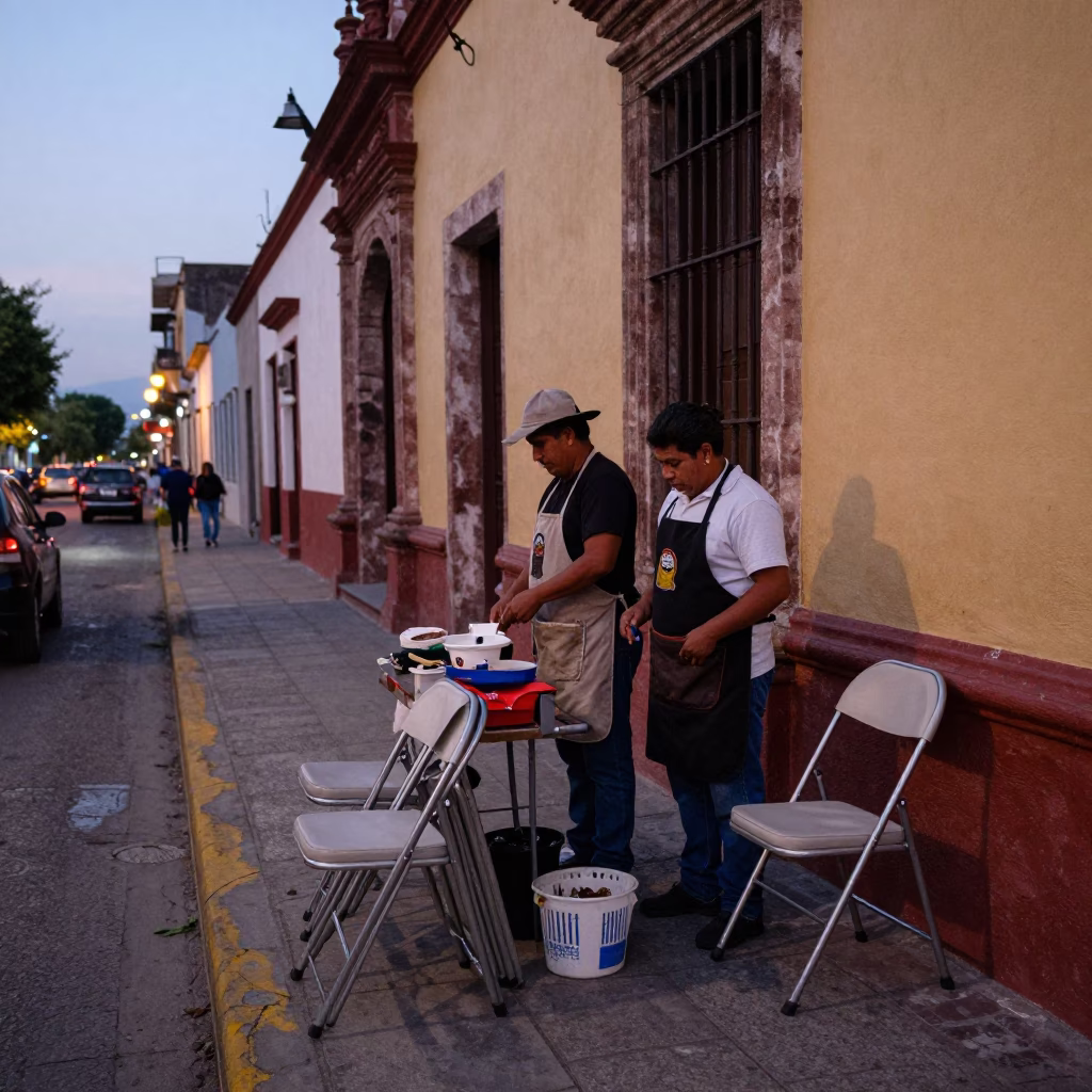 Evening Street Scene in Merida Mexico with Folding Chairs and Aprons in in Merida, Mexico