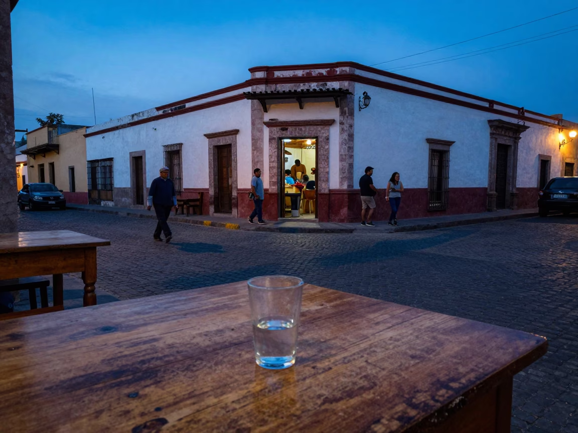 Evening Street Scene in Merida Mexico with Glass Tumbler and Smudged Table in in Merida, Mexico