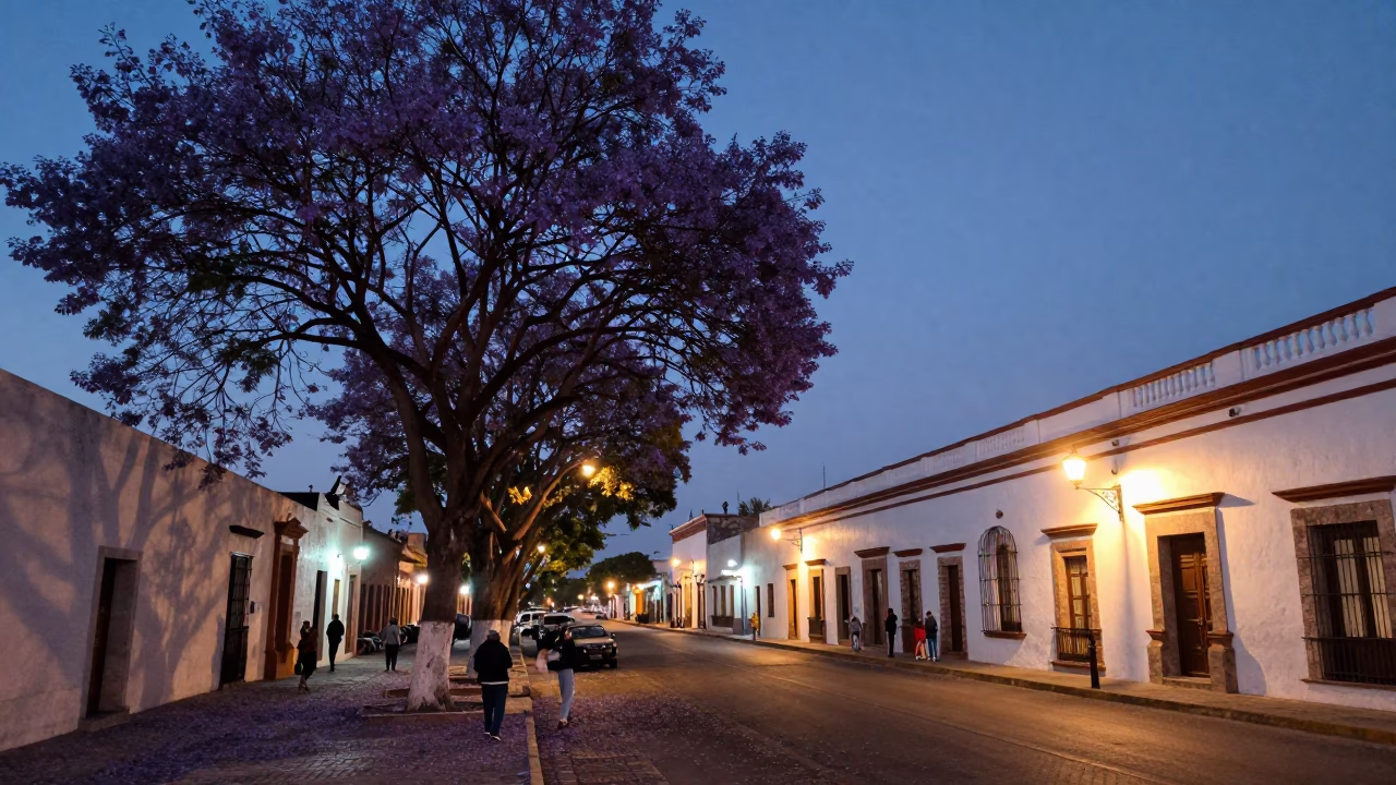 Evening Street Scene in Merida Mexico with Jacaranda Tree and Local Dining in in Merida, Mexico
