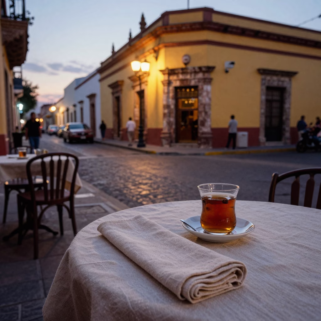Evening Street Scene in Merida Mexico with Linen Napkin and Tea Cup in in Merida, Mexico