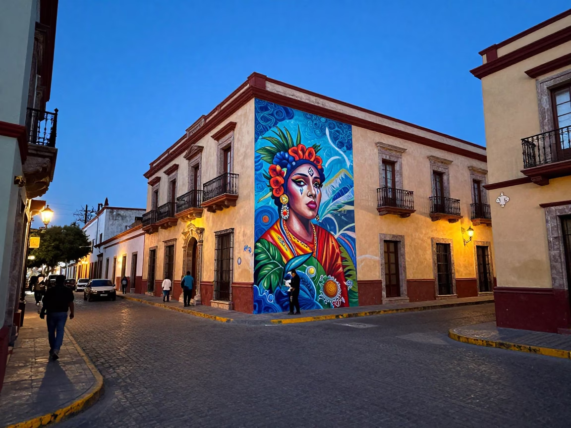 Evening Street Scene in Merida Mexico with Mural Artist and Colorful Architecture in in Merida, Mexico