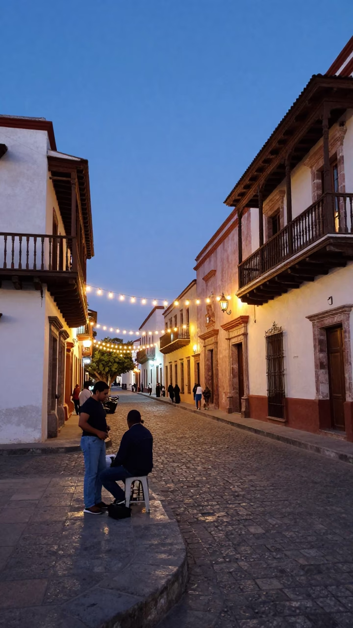 Evening Street Scene in Merida Mexico with String Lights and Colonial Architecture in in Merida, Mexico