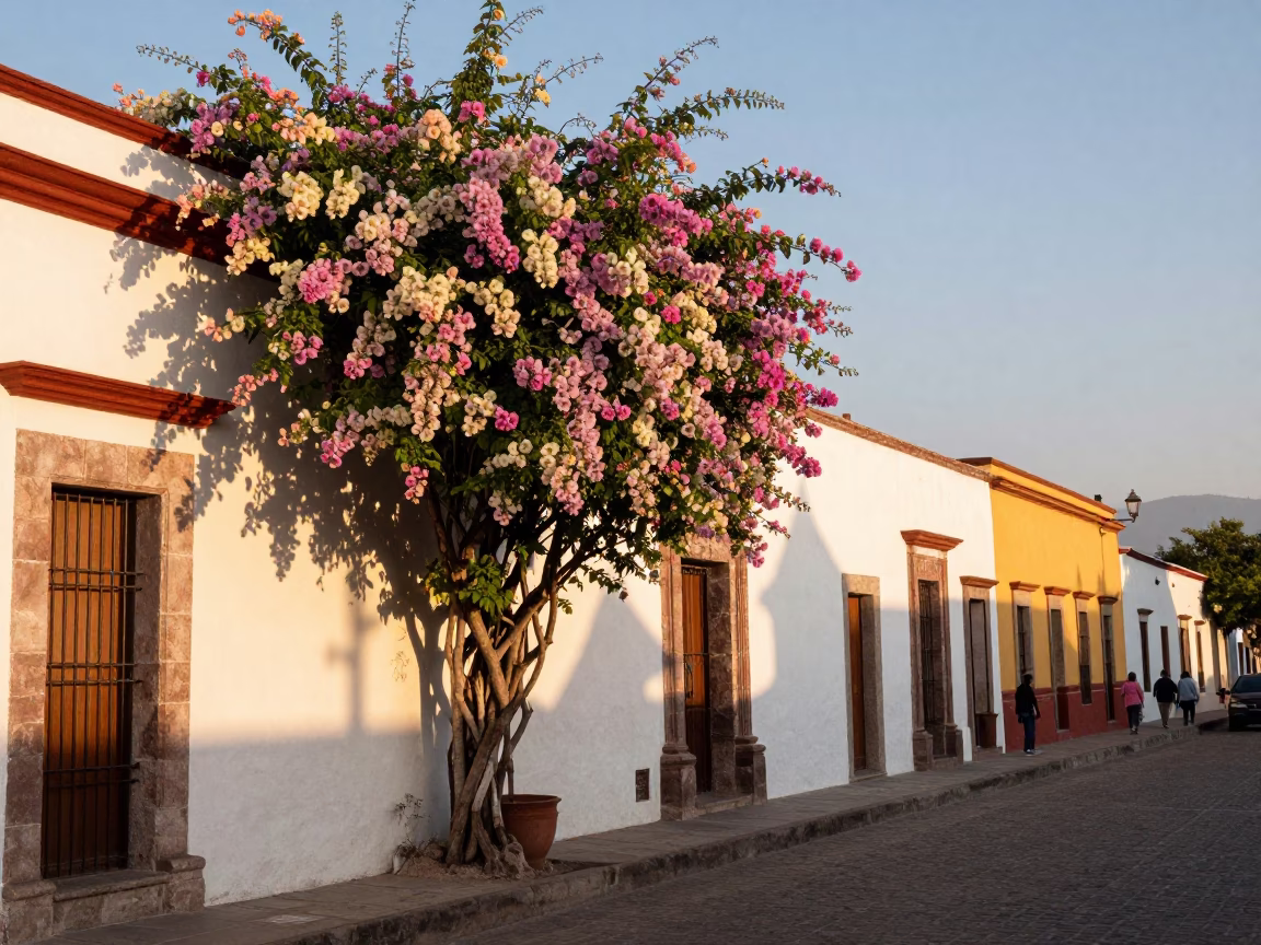 Evening Street Scene in Merida Mexico with Sweet Pea Trellis and Local Market Activity in in Merida, Mexico