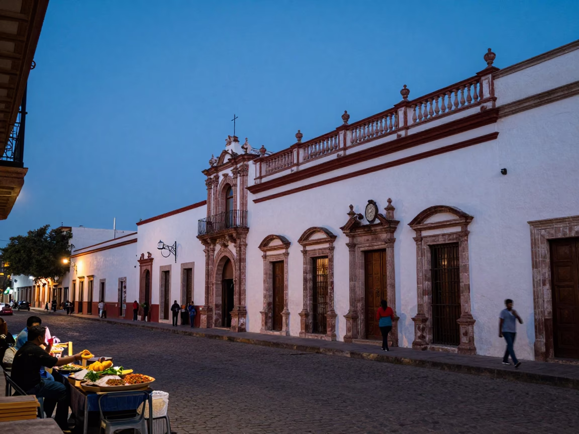 Evening Street Scene in Merida Mexico with Traditional Food and Urban Architecture in in Merida, Mexico