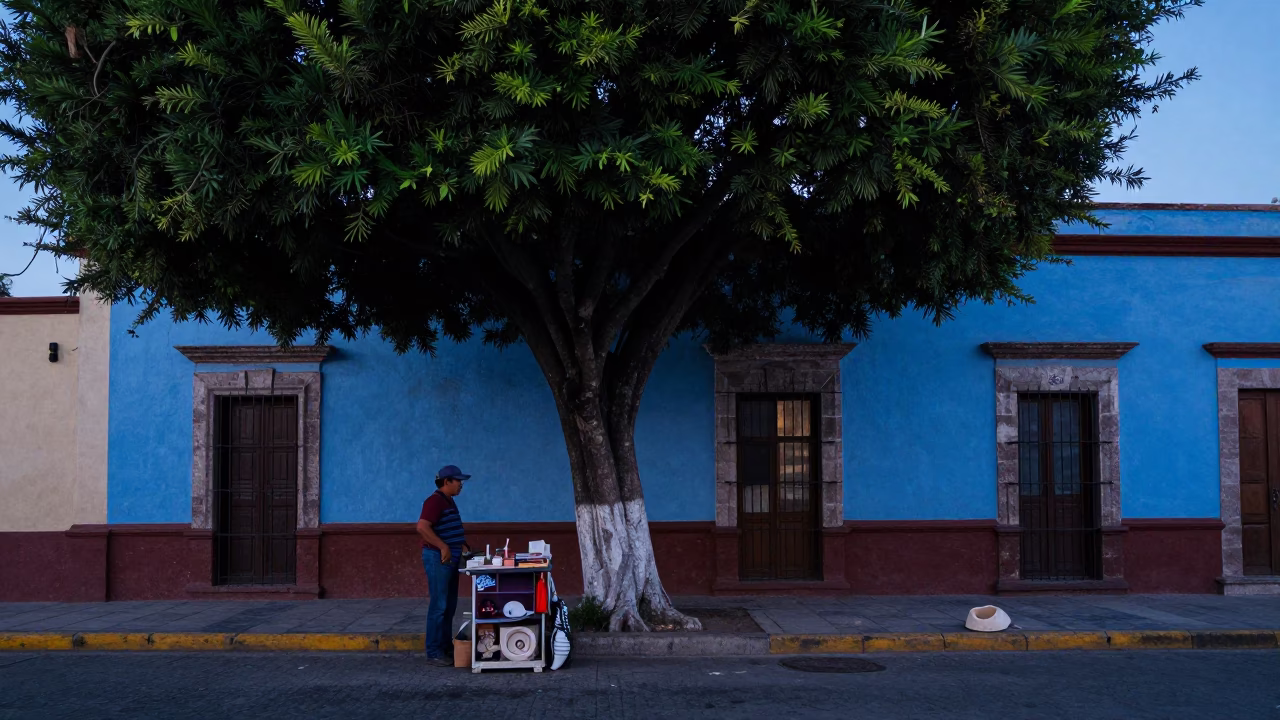 Evening Street Scene in Merida Mexico with Tree and Pottery Shard in in Merida, Mexico