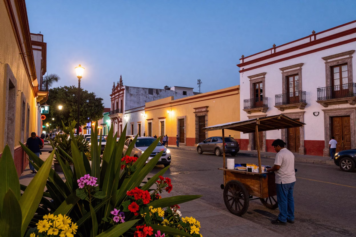 Evening Street Scene in Merida Mexico with Tropical Flowers and Houseplants in in Merida, Mexico