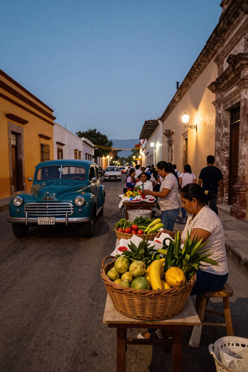 Evening Street Scene in Merida Mexico with Vintage Car and Local Commerce in in Merida, Mexico