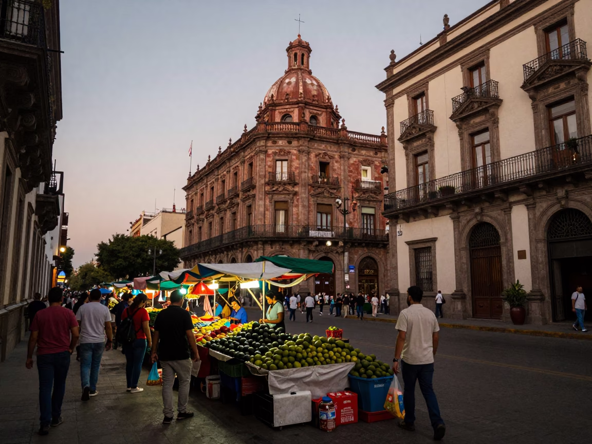 Evening Street Scene in Mexico City with Avocados and Local Market Activity in in Mexico City, Mexico