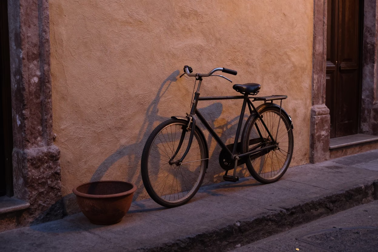 Evening Street Scene in Mexico City with Bicycle and Rusty Basin in in Mexico City, Mexico