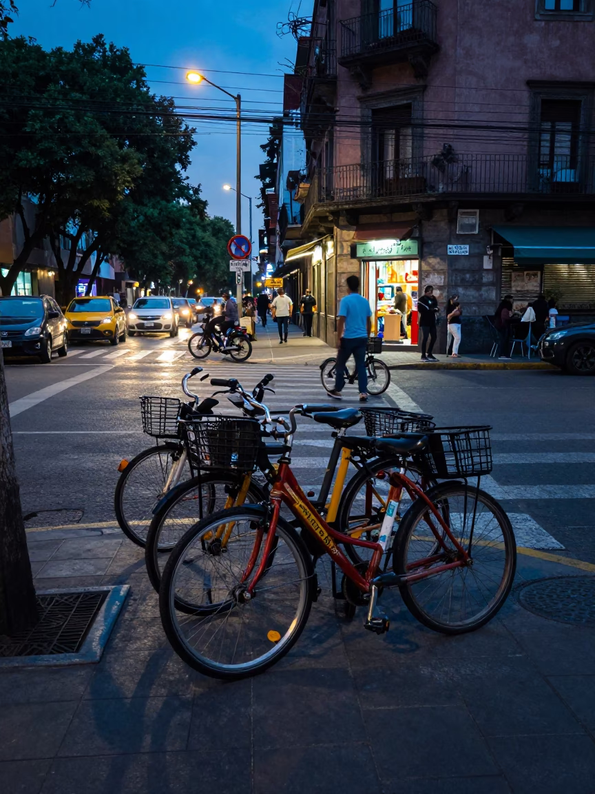 Evening street scene in Mexico City with bicycles and urban life in in Mexico City, Mexico