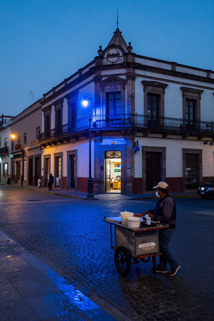 Evening Street Scene in Mexico City with Blue Light and Local Architecture in in Mexico City, Mexico