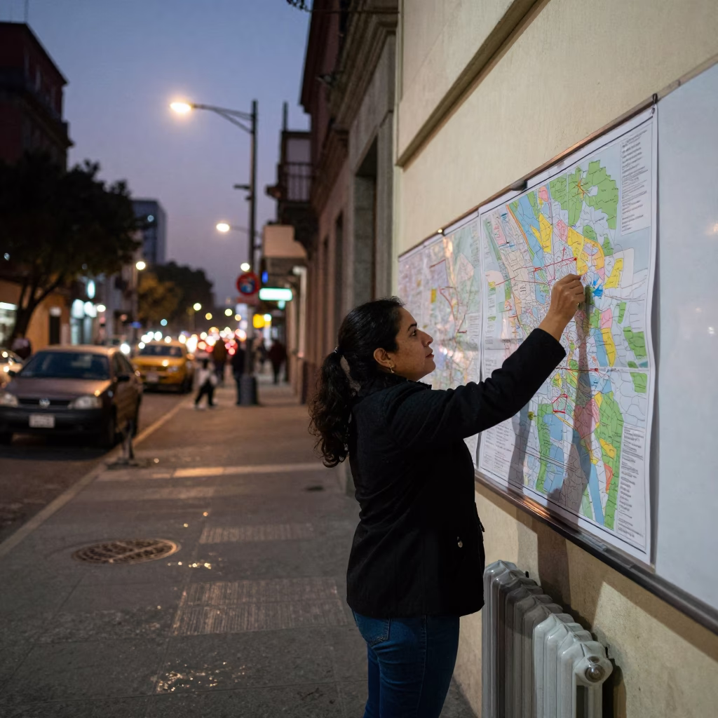 Evening Street Scene in Mexico City With Classroom Teacher Pinning Maps in in Mexico City, Mexico