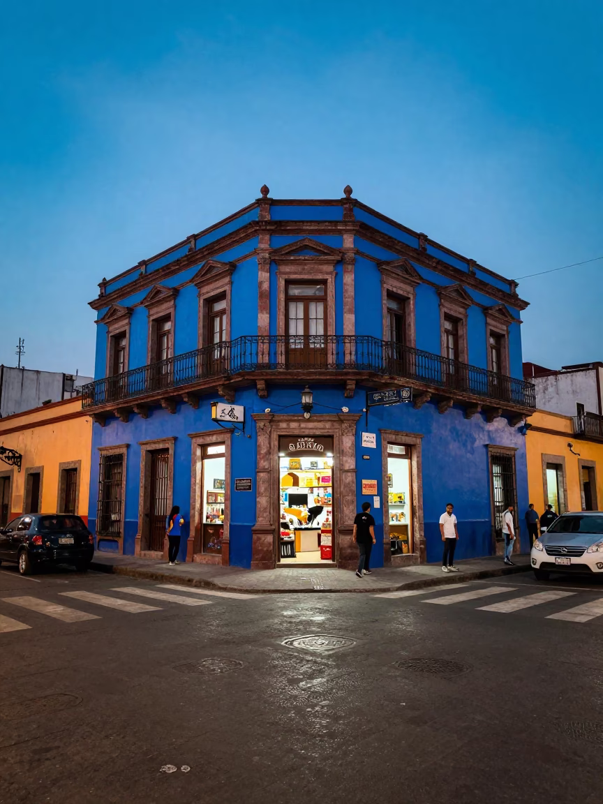 Evening Street Scene in Mexico City with Colorful Architecture and Local Life in in Mexico City, Mexico