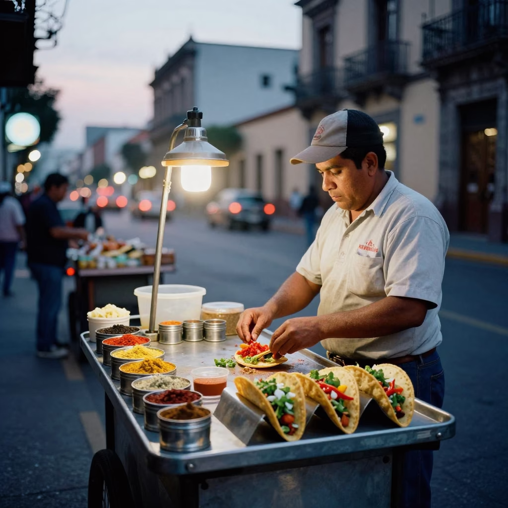 Evening Street Scene in Mexico City with Colorful Tacos and Spice Tins in in Mexico City, Mexico