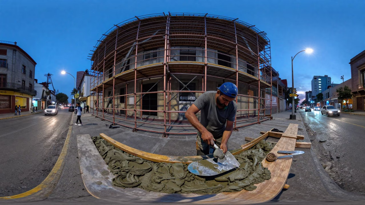 Evening Street Scene in Mexico City with Construction Scaffold and Copper Tray in in Mexico City, Mexico