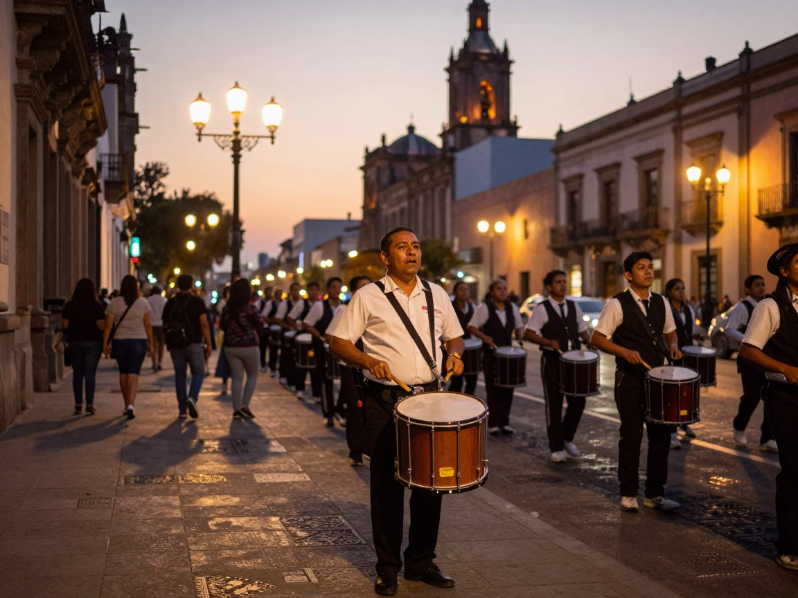 Evening Street Scene in Mexico City with Drum Major and Marching Band in in Mexico City, Mexico