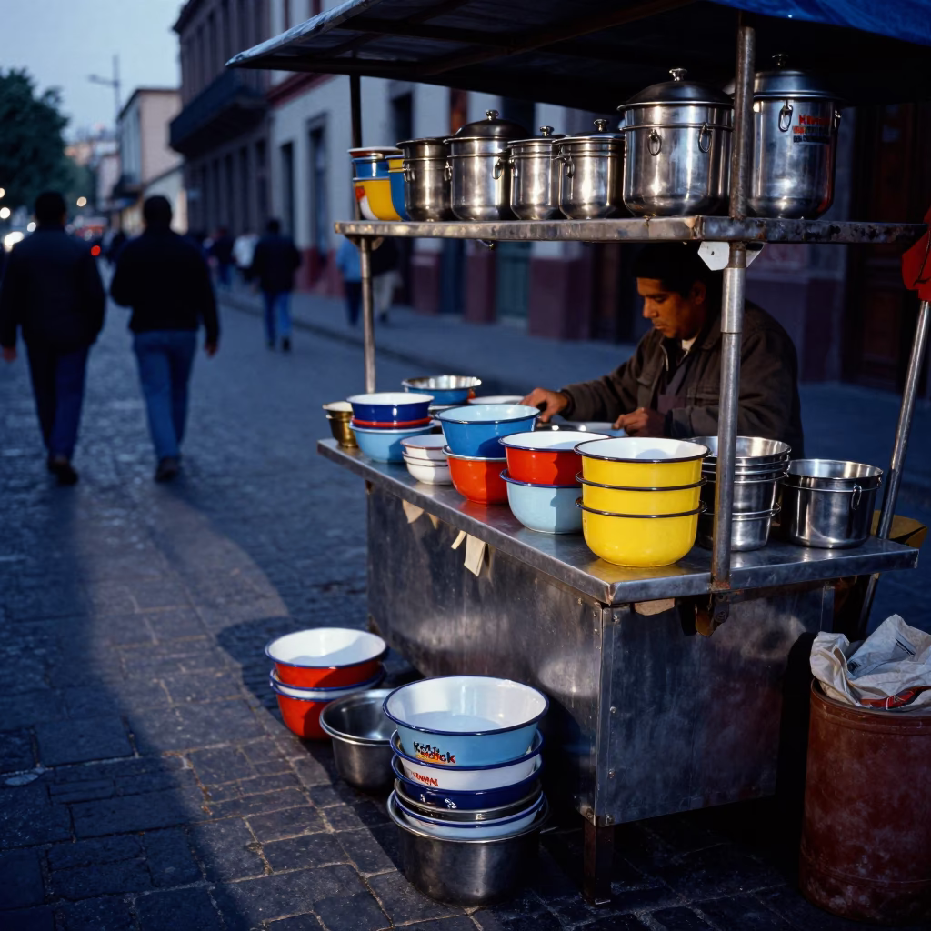 Evening Street Scene in Mexico City with Enamel Bowls and Steel Shelves in in Mexico City, Mexico