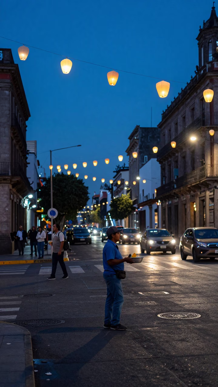 Evening Street Scene in Mexico City with Floating Paper Lanterns and Urban Activity in in Mexico City, Mexico