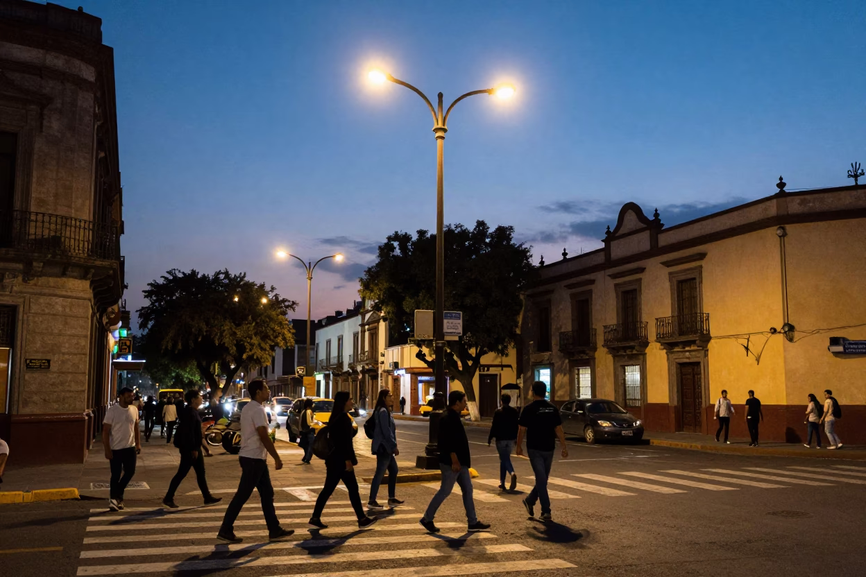 Evening street scene in Mexico City with glowing streetlights and local vendors in in Mexico City, Mexico