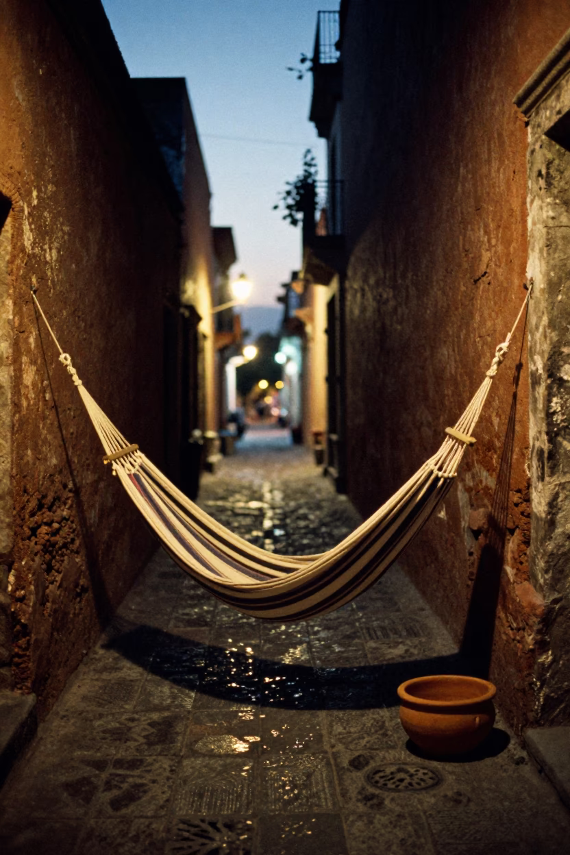 Evening Street Scene in Mexico City with Hammock and Terracotta Bowl in in Mexico City, Mexico