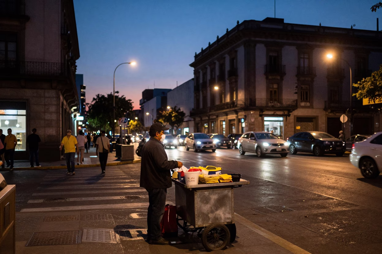 Evening street scene in Mexico City with local vendor and urban details in in Mexico City, Mexico