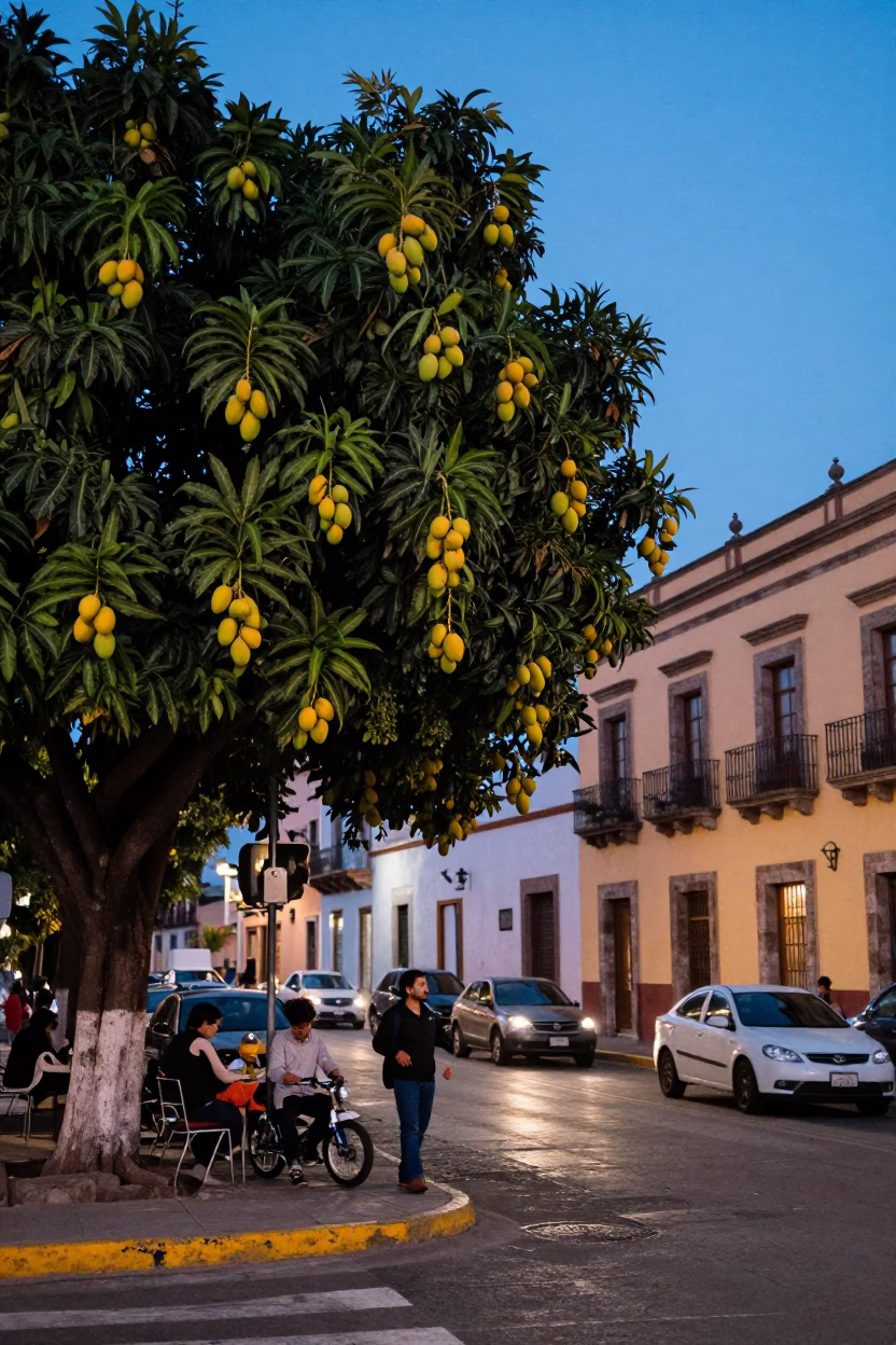 Evening Street Scene in Mexico City with Mango Tree and Local Vendor in in Mexico City, Mexico