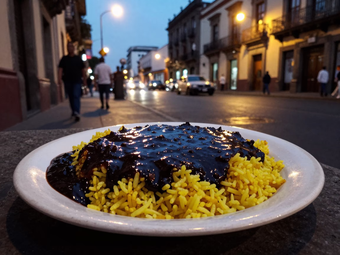 Evening street scene in Mexico City with mole negro rice plate and bread basket in in Mexico City, Mexico