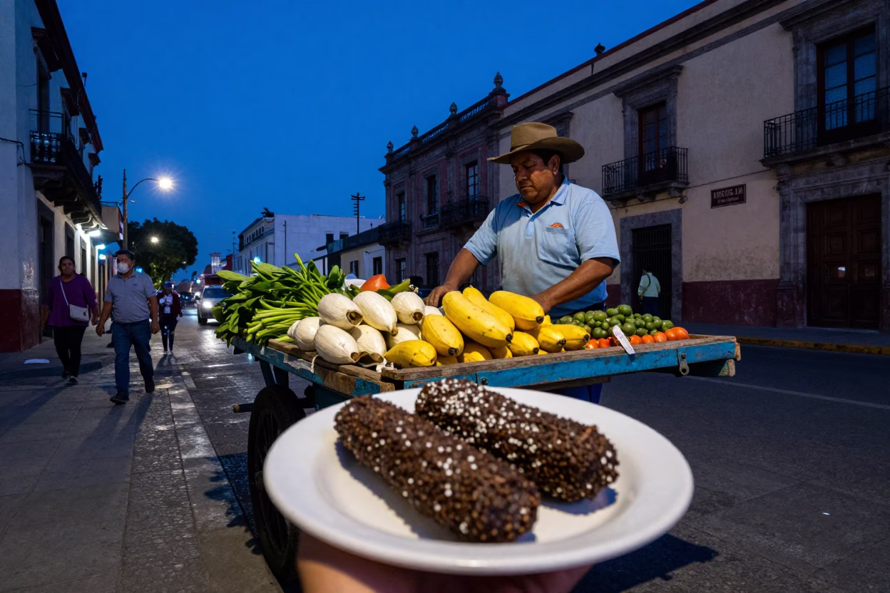 Evening Street Scene in Mexico City With Plate of Elote and Hummus Spread in in Mexico City, Mexico