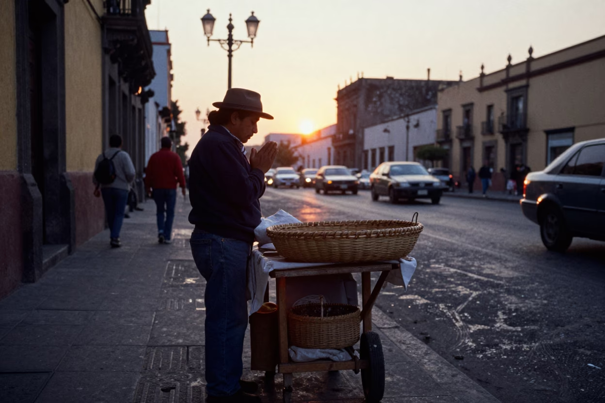 Evening street scene in Mexico City with vendor basket and prayer beads in in Mexico City, Mexico