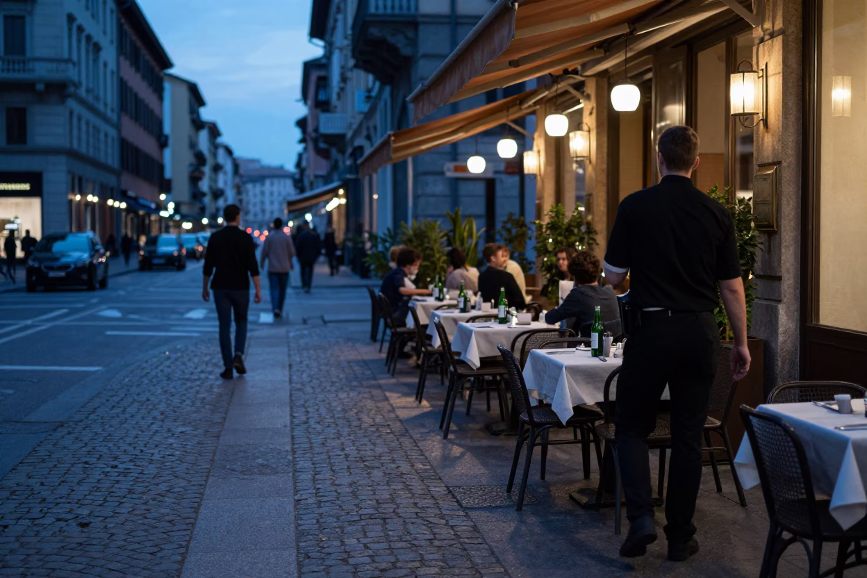 Evening Street Scene in Milan Italy with Bottle and Cutlery on Cafe Table in in Milan, Italy