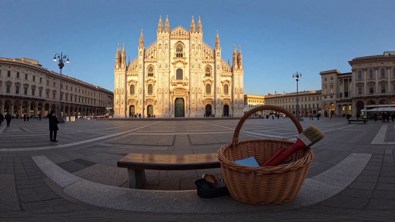 Evening Street Scene in Milan Italy with Brush and Wicker Basket Near Duomo in in Milan, Italy