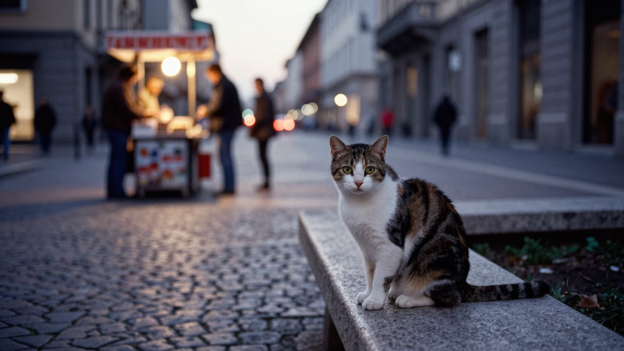 Evening Street Scene in Milan Italy with Cat and Street Vendor in in Milan, Italy