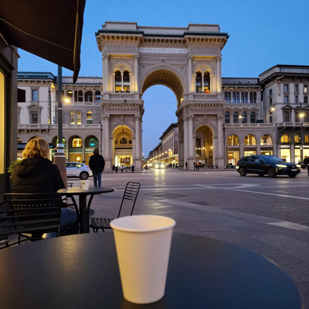Evening Street Scene in Milan Italy with Cup and City Lights in in Milan, Italy