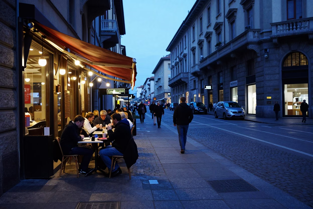 Evening street scene in Milan Italy with local dining and urban architecture in in Milan, Italy