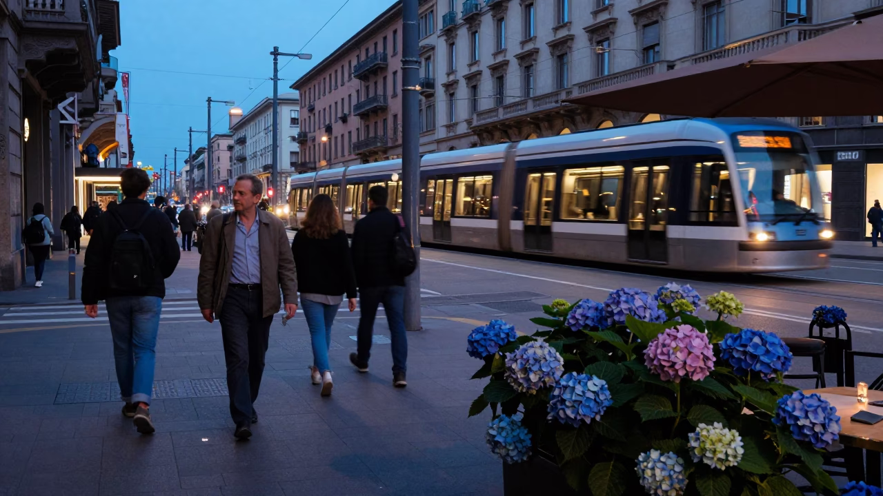 Evening Street Scene in Milan Italy with Monorail Reflection and Hydrangeas in in Milan, Italy