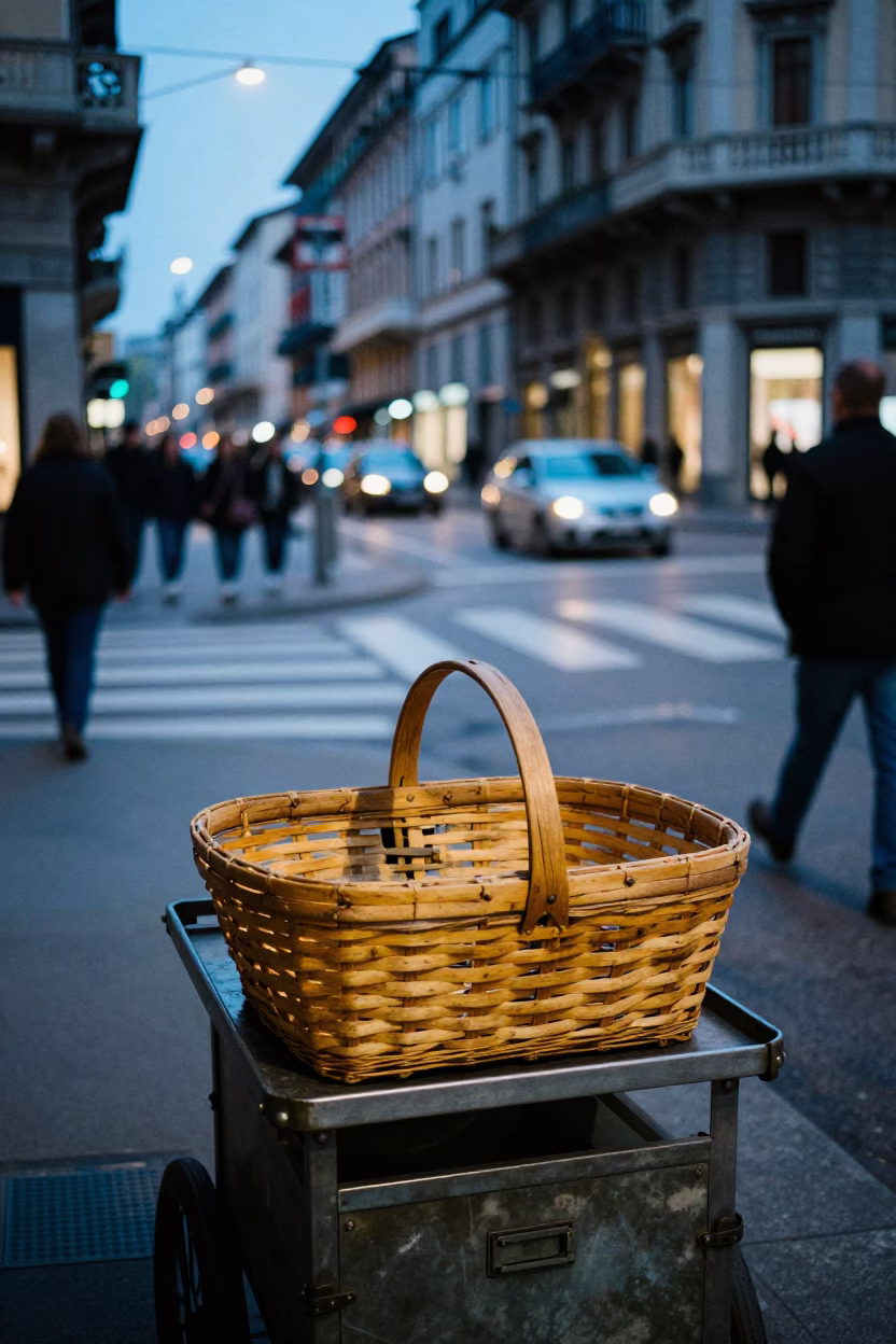 Evening Street Scene in Milan Italy with Peg Basket and Local Life in in Milan, Italy