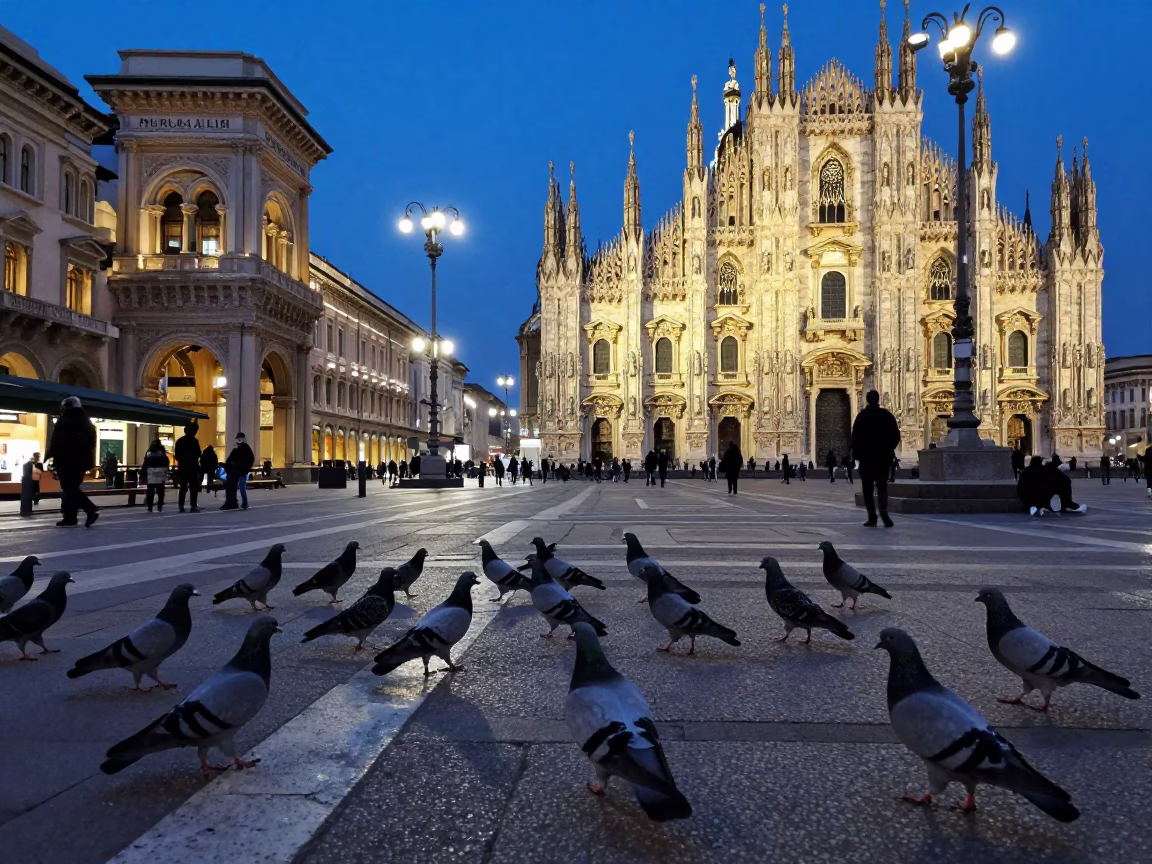Evening Street Scene in Milan Italy with Pigeons and Urban Architecture in in Milan, Italy