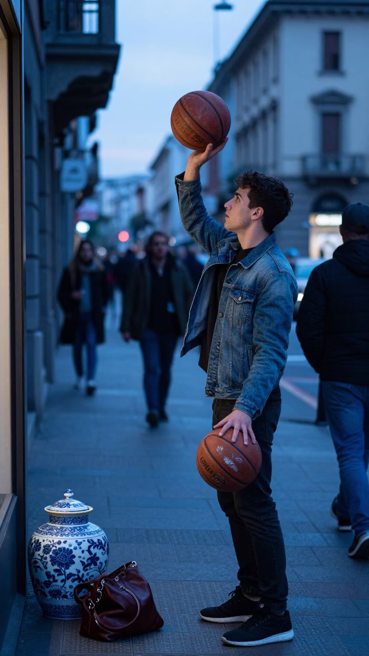 Evening Street Scene in Milan Italy with Porcelain Jar and Leather Basketball in in Milan, Italy