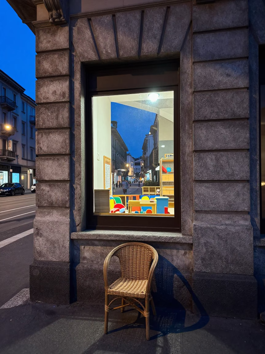 Evening Street Scene in Milan Italy with Preschool Window and Urban Details in in Milan, Italy