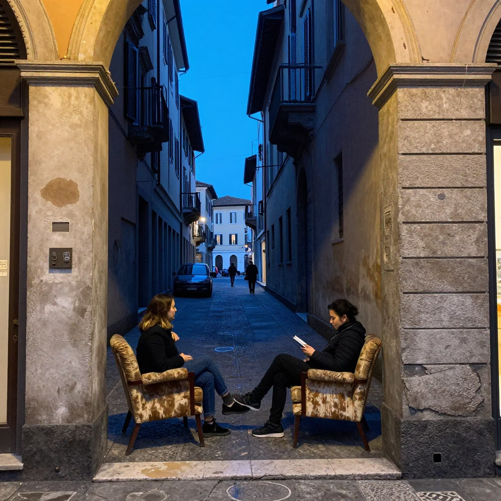 Evening Street Scene in Milan Italy with Tea Stains and Cozy Armchairs in in Milan, Italy